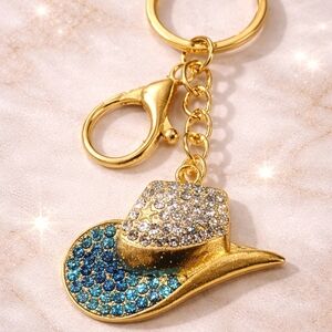 Rhinestone Cowboy Hat Keychain Gold Blue Western Bag Charm